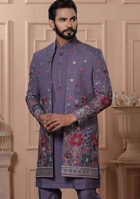 Purple georgette embroidered premium designer indo western for men's 2