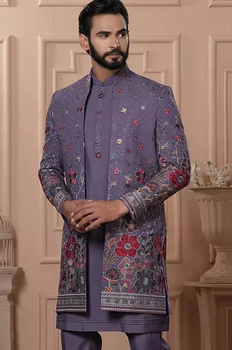 Purple georgette embroidered premium designer indo western for men's
