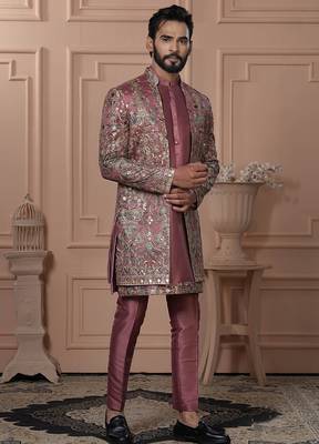 Pink silk embroidered premium designer indo western for men's 1