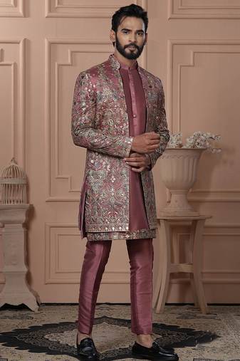 Pink silk embroidered premium designer indo western for men's