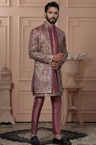 Pink silk embroidered premium designer indo western for men's