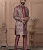Pink silk embroidered premium designer indo western for men's
