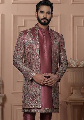 Pink silk embroidered premium designer indo western for men's 2