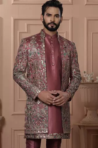 Pink silk embroidered premium designer indo western for men's