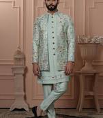 Green silk embroidered premium designer indo western for men's