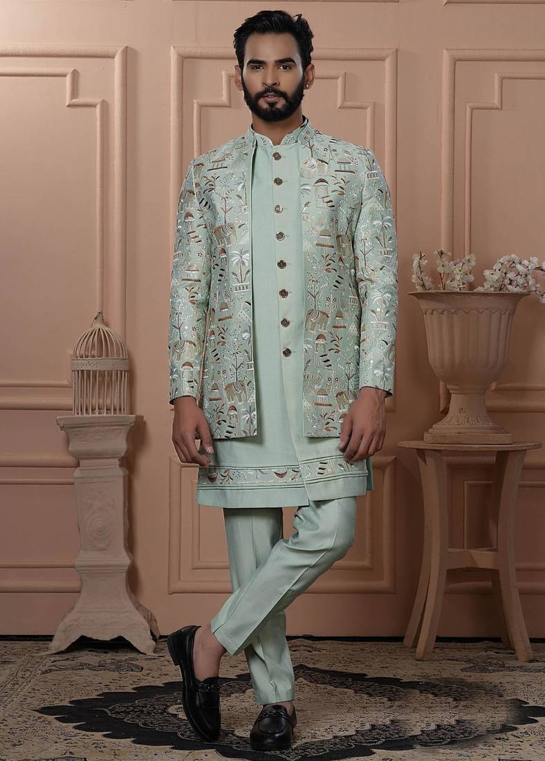 Green silk embroidered premium designer indo western for men's