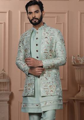 Green silk embroidered premium designer indo western for men's 2