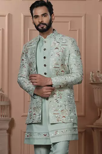 Green silk embroidered premium designer indo western for men's