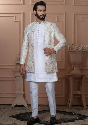 White silk embroidered premium designer indo western for men's 1