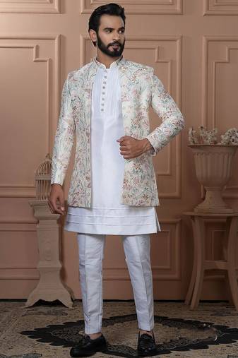 White silk embroidered premium designer indo western for men's