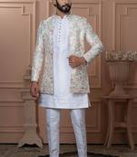 White silk embroidered premium designer indo western for men's
