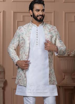 White silk embroidered premium designer indo western for men's 2
