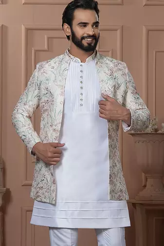 White silk embroidered premium designer indo western for men's