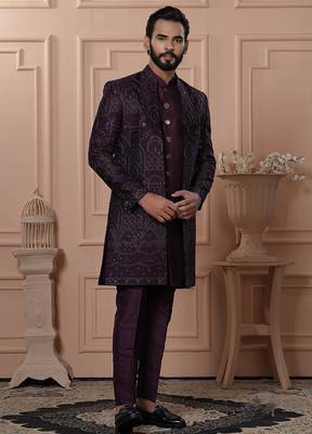 Purple silk embroidered premium designer indo western for men's 1
