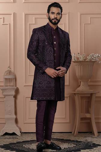 Purple silk embroidered premium designer indo western for men's