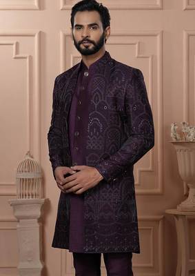 Purple silk embroidered premium designer indo western for men's 2