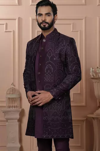 Purple silk embroidered premium designer indo western for men's