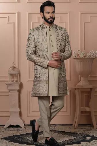 Beige georgette embroidered premium designer indo western for men's