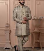 Beige georgette embroidered premium designer indo western for men's