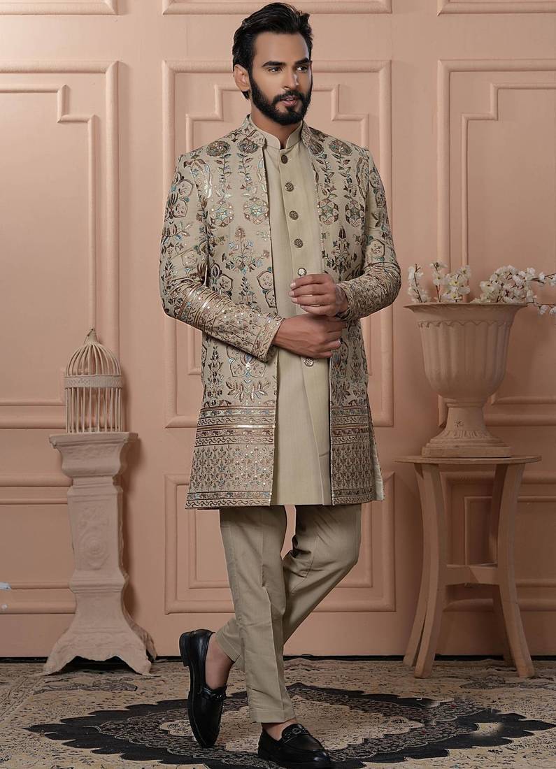 Beige georgette embroidered premium designer indo western for men's