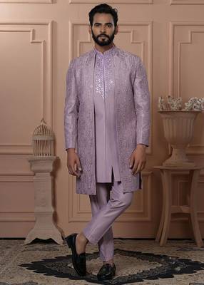 Pink silk embroidered premium designer indo western for men's 1