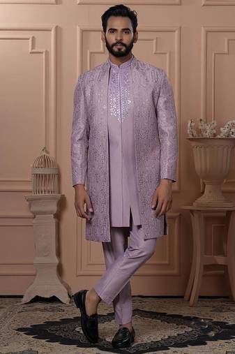 Pink silk embroidered premium designer indo western for men's