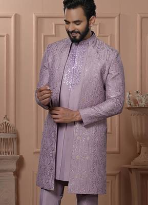 Pink silk embroidered premium designer indo western for men's 2