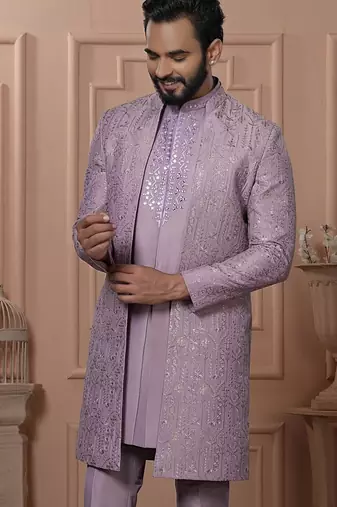 Pink silk embroidered premium designer indo western for men's