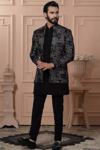Black velvet embroidered premium designer indo western for men's