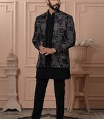 Black velvet embroidered premium designer indo western for men's