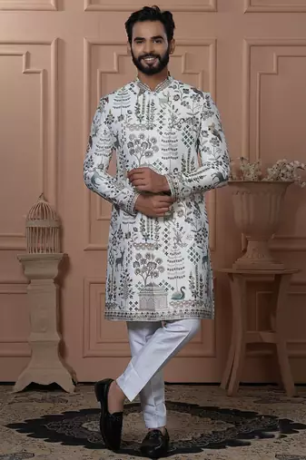 White silk embroidered premium designer indo western for men's