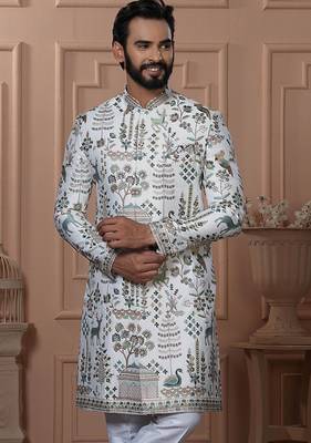 White silk embroidered premium designer indo western for men's 2