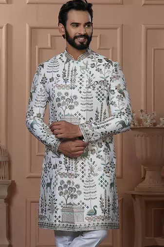 White silk embroidered premium designer indo western for men's