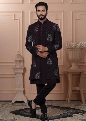 Red velvet embroidered premium designer indo western for men's 1