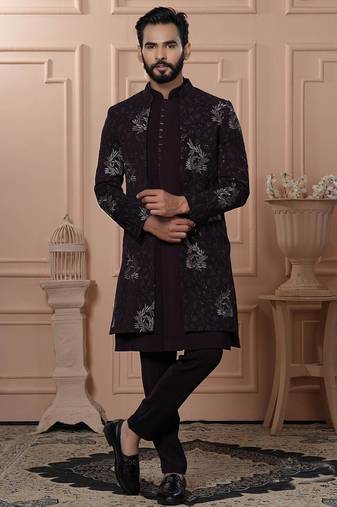 Red velvet embroidered premium designer indo western for men's