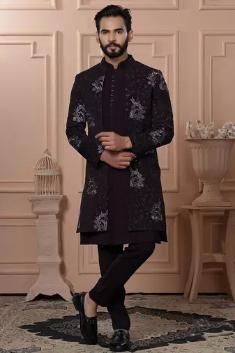 Red velvet embroidered premium designer indo western for men's