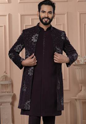 Red velvet embroidered premium designer indo western for men's 2