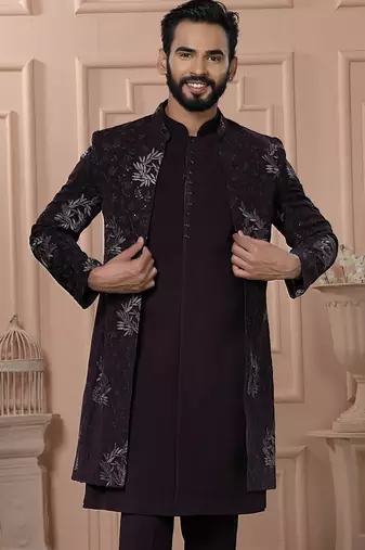 Red velvet embroidered premium designer indo western for men's