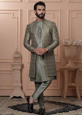 Green silk embroidered premium designer indo western for men's 1