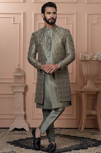 Green silk embroidered premium designer indo western for men's