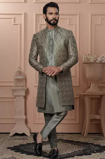 Green silk embroidered premium designer indo western for men's
