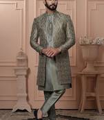 Green silk embroidered premium designer indo western for men's