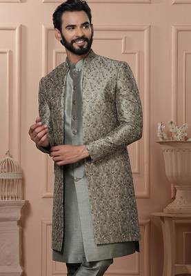 Green silk embroidered premium designer indo western for men's 2