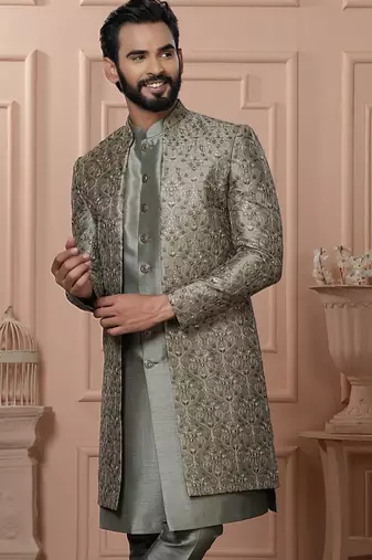 Green silk embroidered premium designer indo western for men's