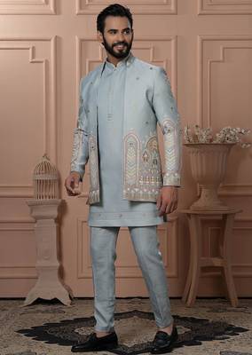 Green silk embroidered premium designer indo western for men's 1