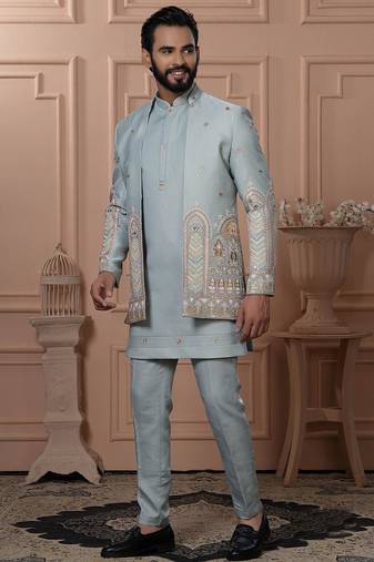 Green silk embroidered premium designer indo western for men's