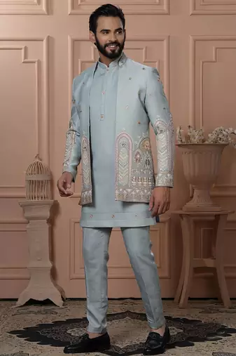 Green silk embroidered premium designer indo western for men's