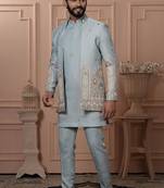 Green silk embroidered premium designer indo western for men's