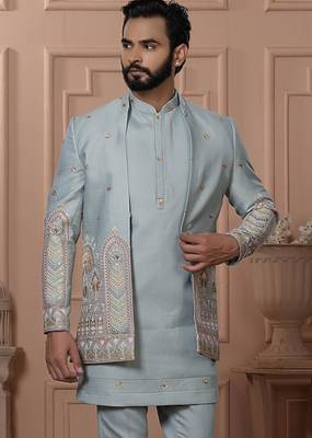 Green silk embroidered premium designer indo western for men's 2