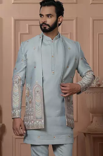 Green silk embroidered premium designer indo western for men's